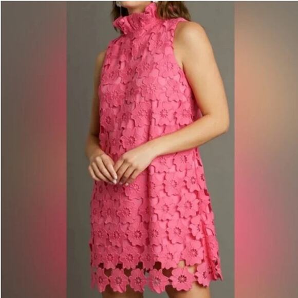 UMGEE Women's Pink Floral Lace Boxy Loose Fit Mini Dress Sleeveless Size Medium - Picture 1 of 11